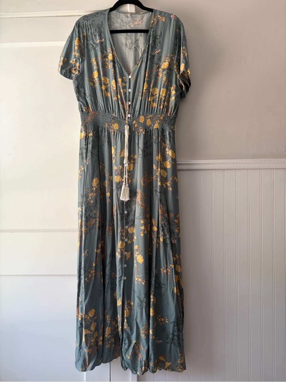 Floral Button-Front Maxi Dress in Sage with Gold Print